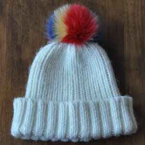 Raffaello Bettini Ivory Cable Knit Beanie Multi Color Fox Fur Pom Pom Toque Hat